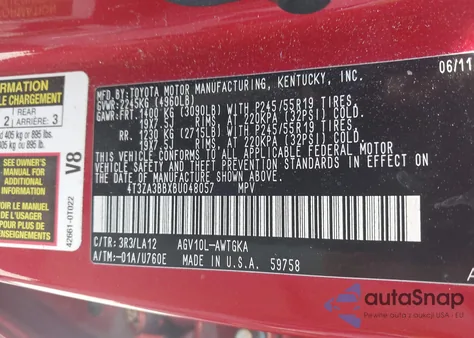 2011 Toyota Venza z USA, uszkodzony, nr VIN 4T3ZA3BBXBU048057